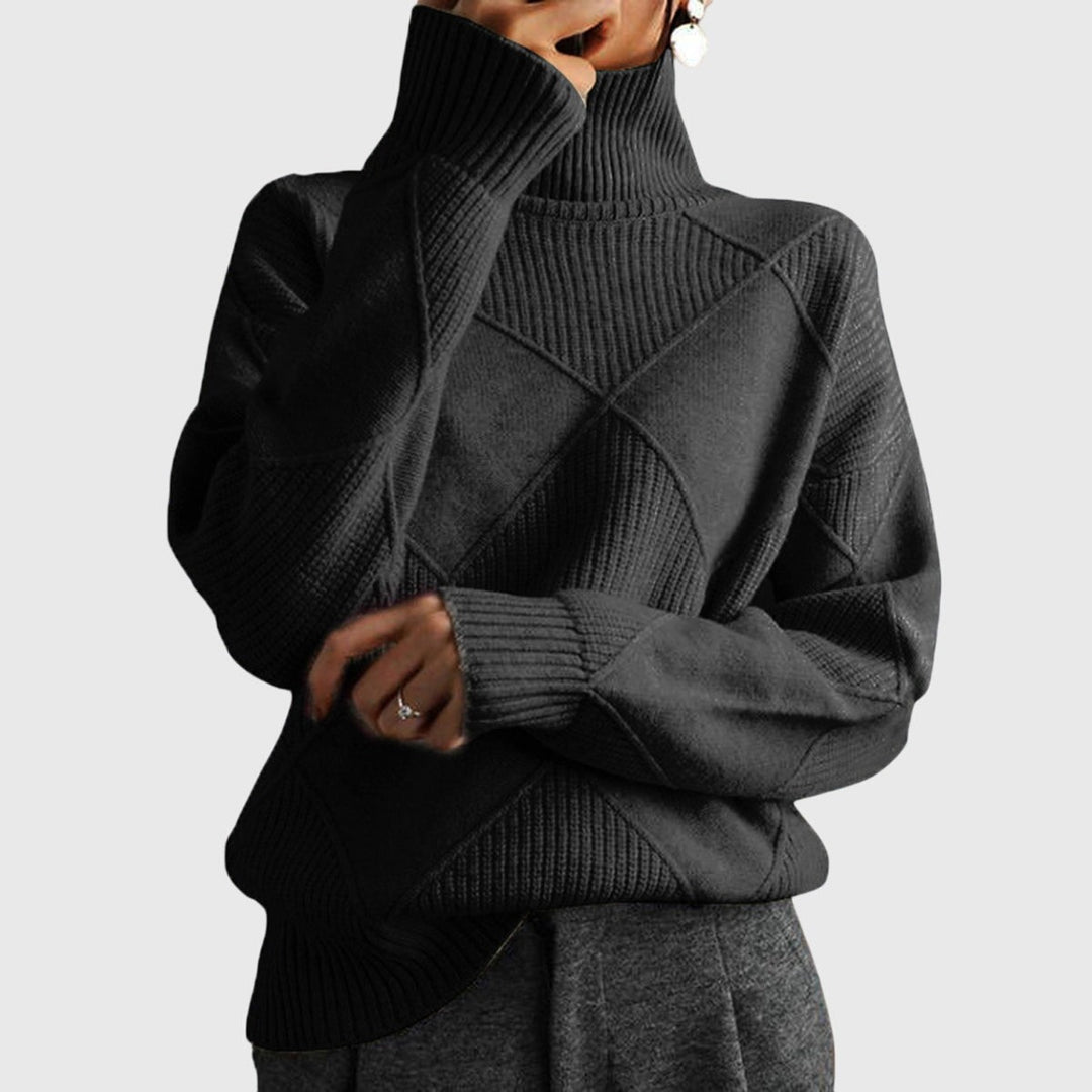 Charcoal black ribbed turtleneck sweater with diamond knit detail and loose fit