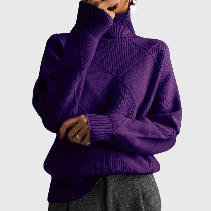 Deep purple ribbed turtleneck sweater with tailored diamond pattern knit design