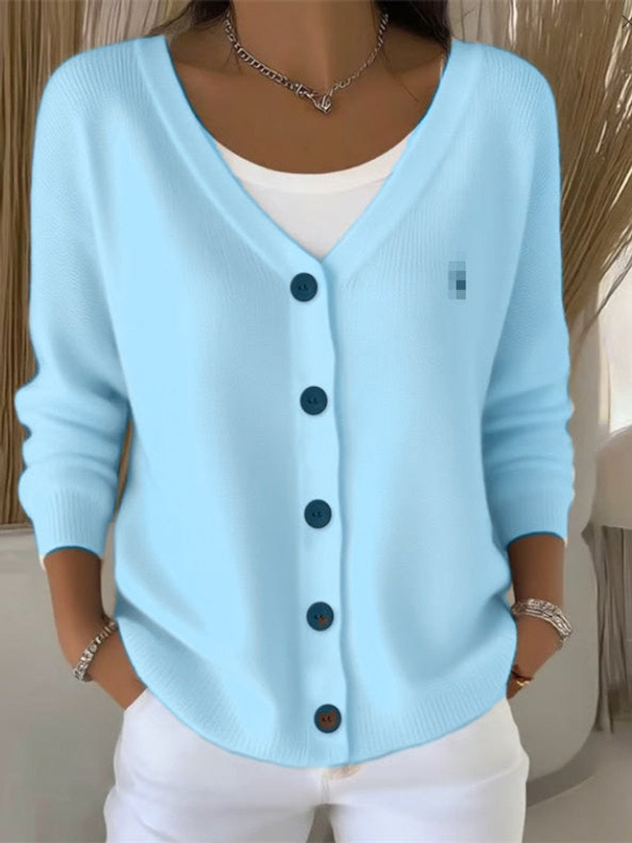 Light blue V-neck button-front knit cardigan sweater with contrast buttons