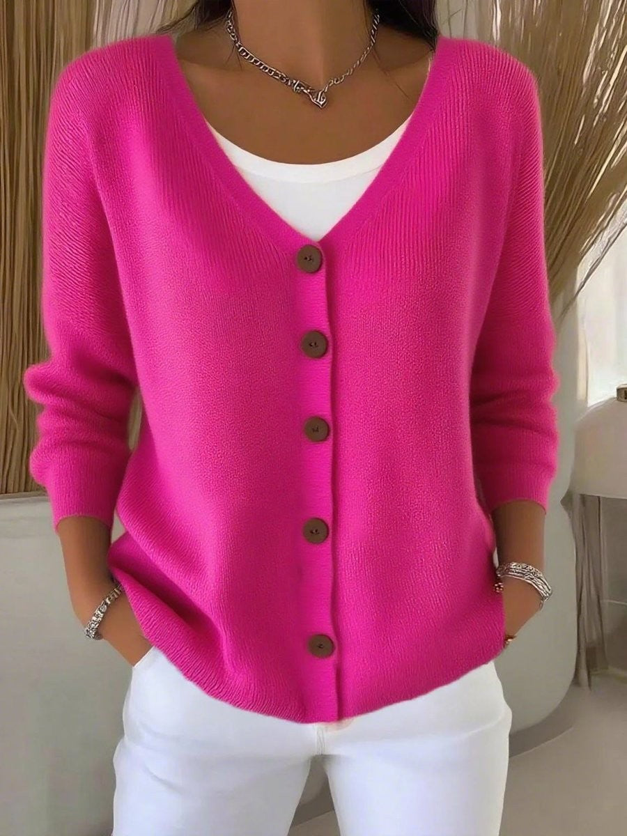 Hot pink V-neck button-front knit cardigan sweater with long sleeves