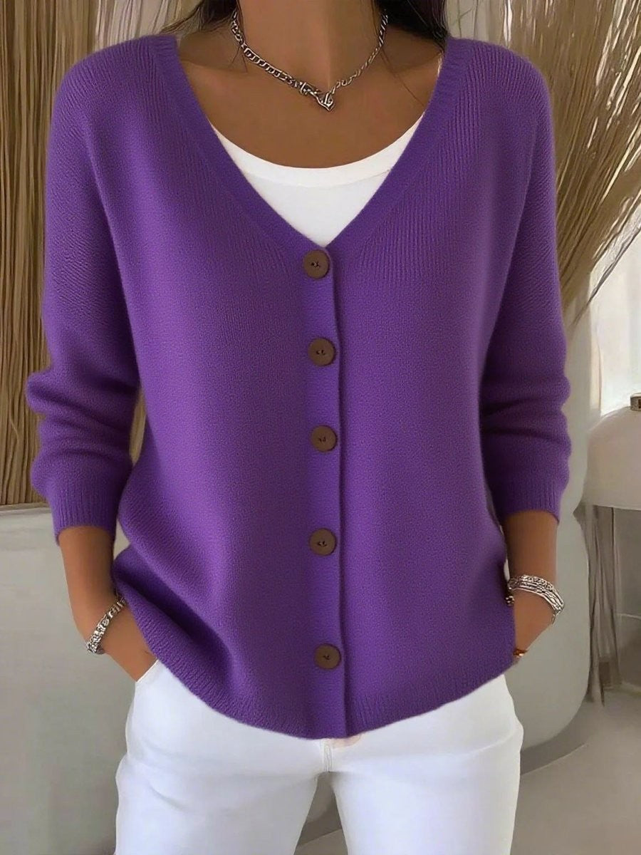 Purple V-neck button-front knit cardigan sweater with brown buttons