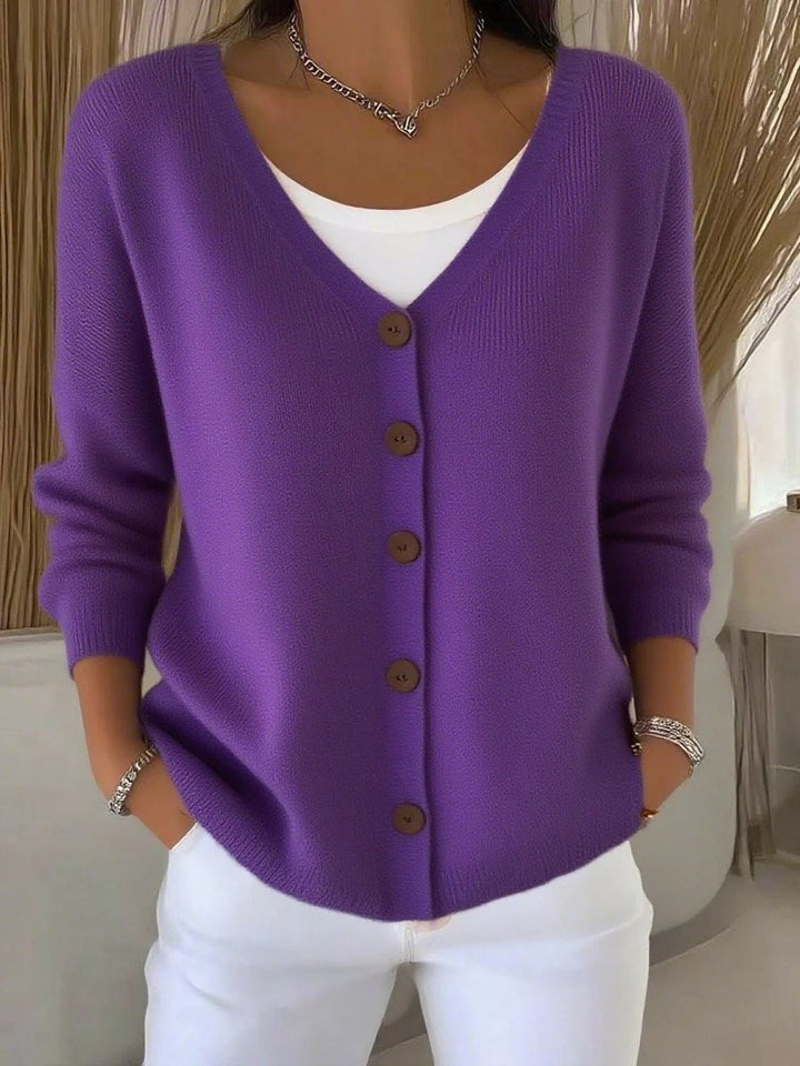 Purple V-neck button-front knit cardigan sweater with brown buttons