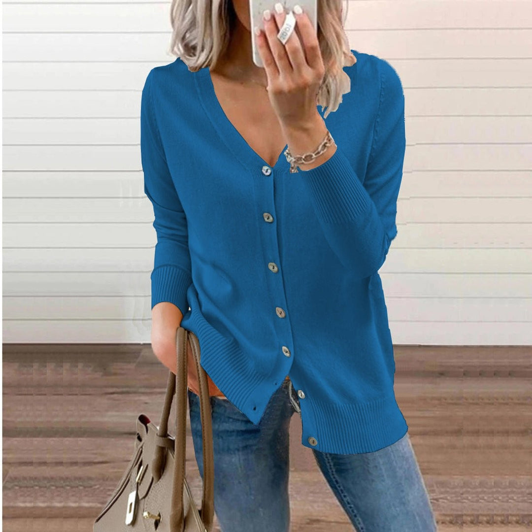 Blue V-neck button-front knit cardigan with ribbed cuffs and side slits