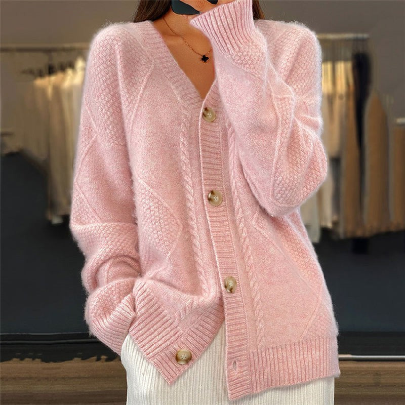 Pink cable-knit cardigan with button-front closure and V-neck design