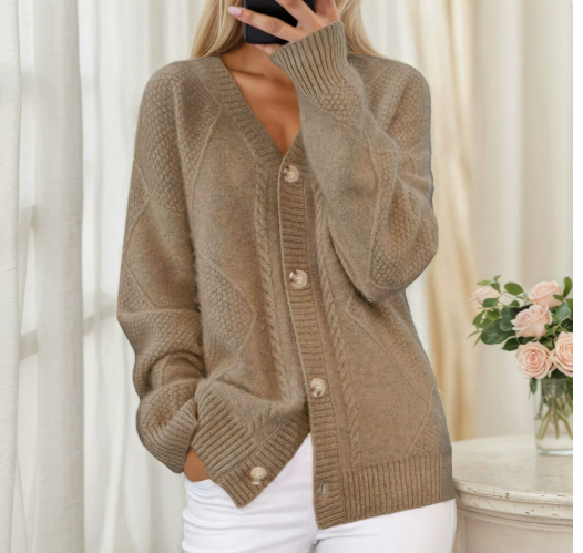 Camel cable-knit cardigan with V-neck and horn-style buttons