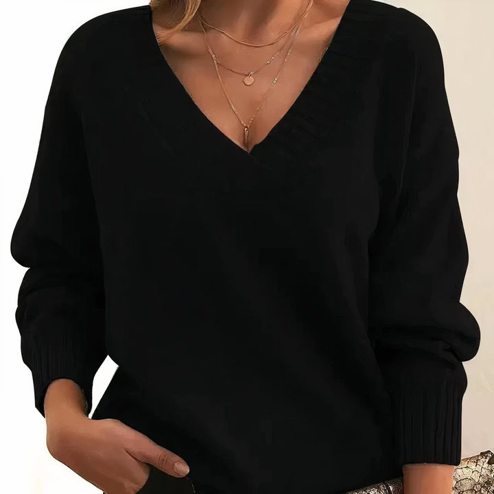 black V-neck knit pullover sweater with ribbed trim and long sleeves