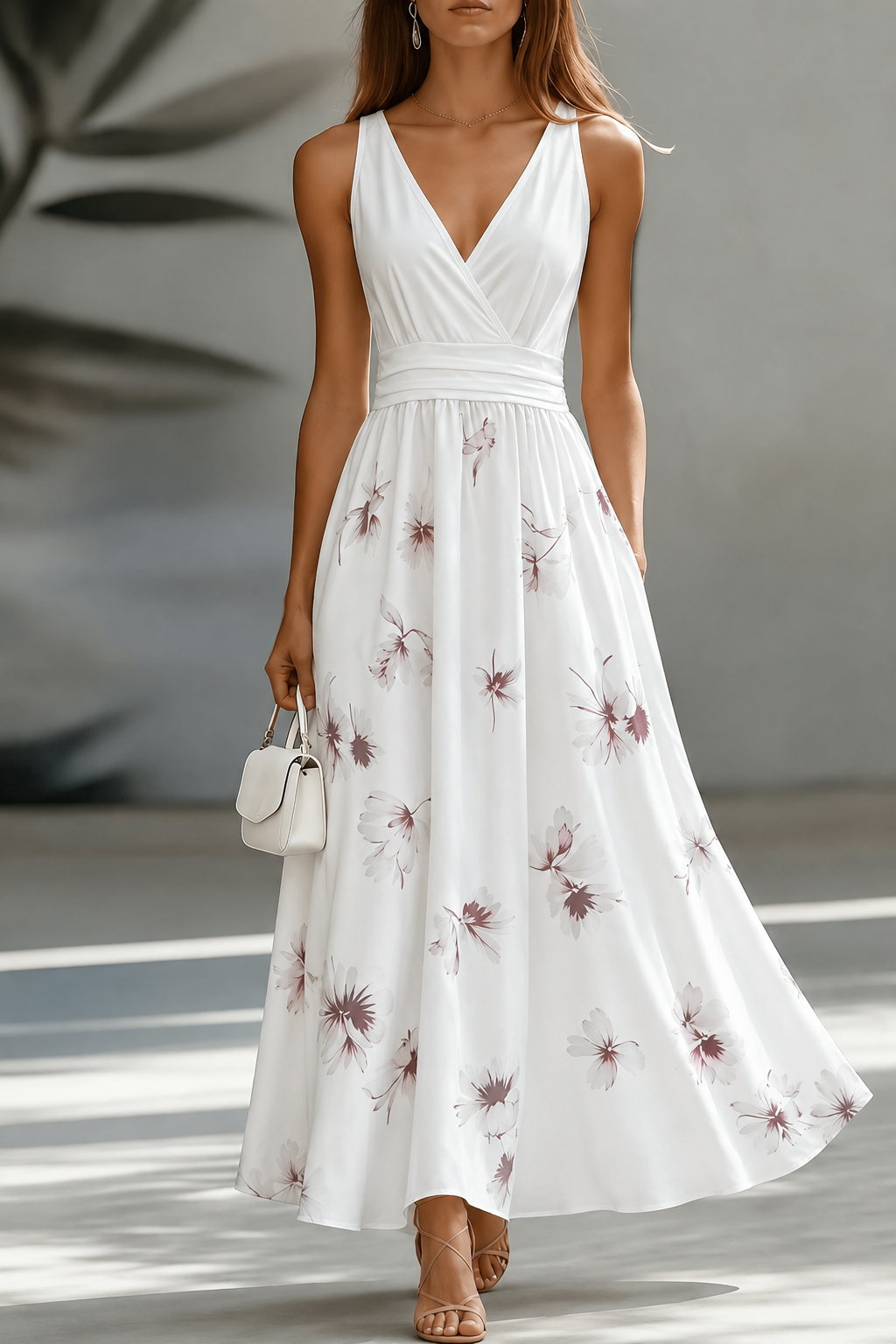 White floral print maxi dress with V-neck and sleeveless bodice, walking pose