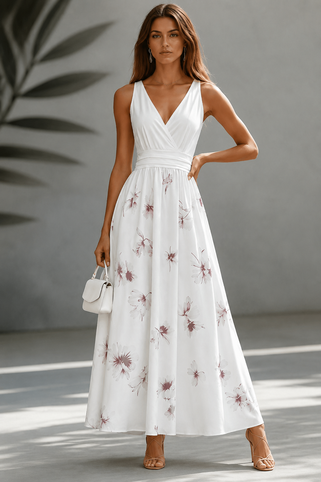V-neck sleeveless maxi dress in white with pink floral print, front view
