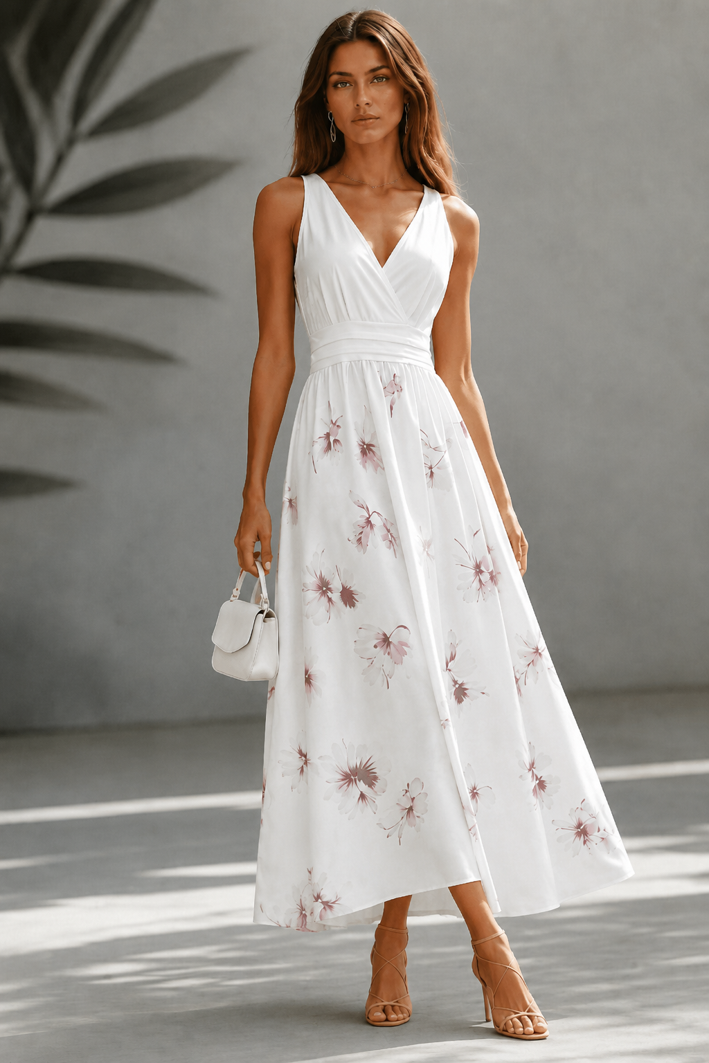 White sleeveless maxi dress featuring floral print skirt and wrap V-neckline