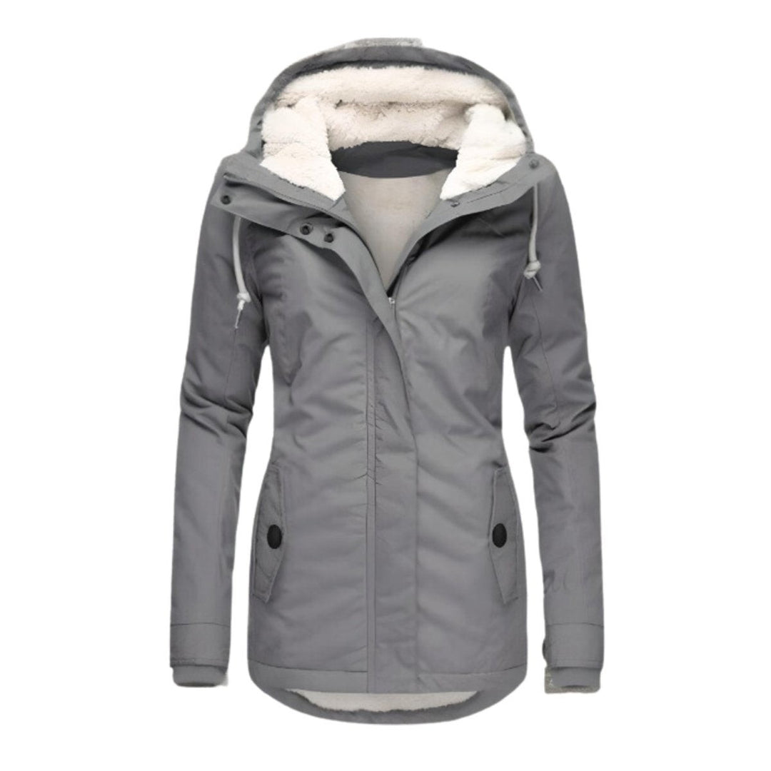 Gray sherpa-lined hooded parka with zip front and drawstring hood