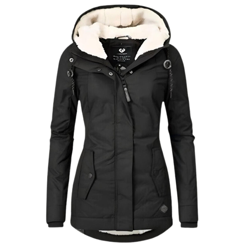 Black sherpa-lined hooded parka featuring fleece trim and snap closures