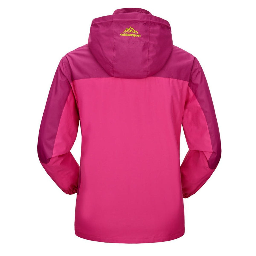 pink and magenta colorblock hooded rain jacket, back view with hood up