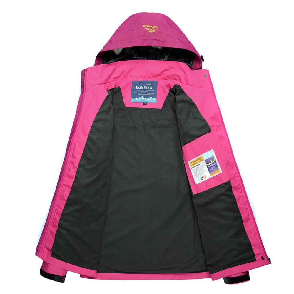 pink waterproof jacket open showing black lining and interior pocket