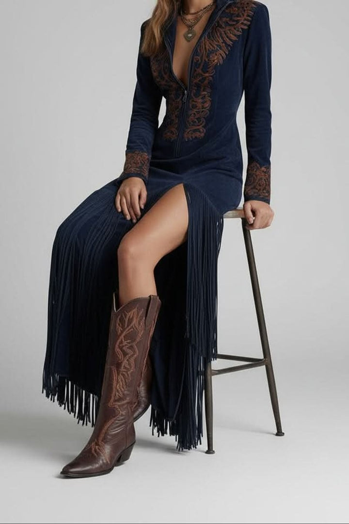 Navy fringe maxi dress with embroidered collar and brown cowboy boots