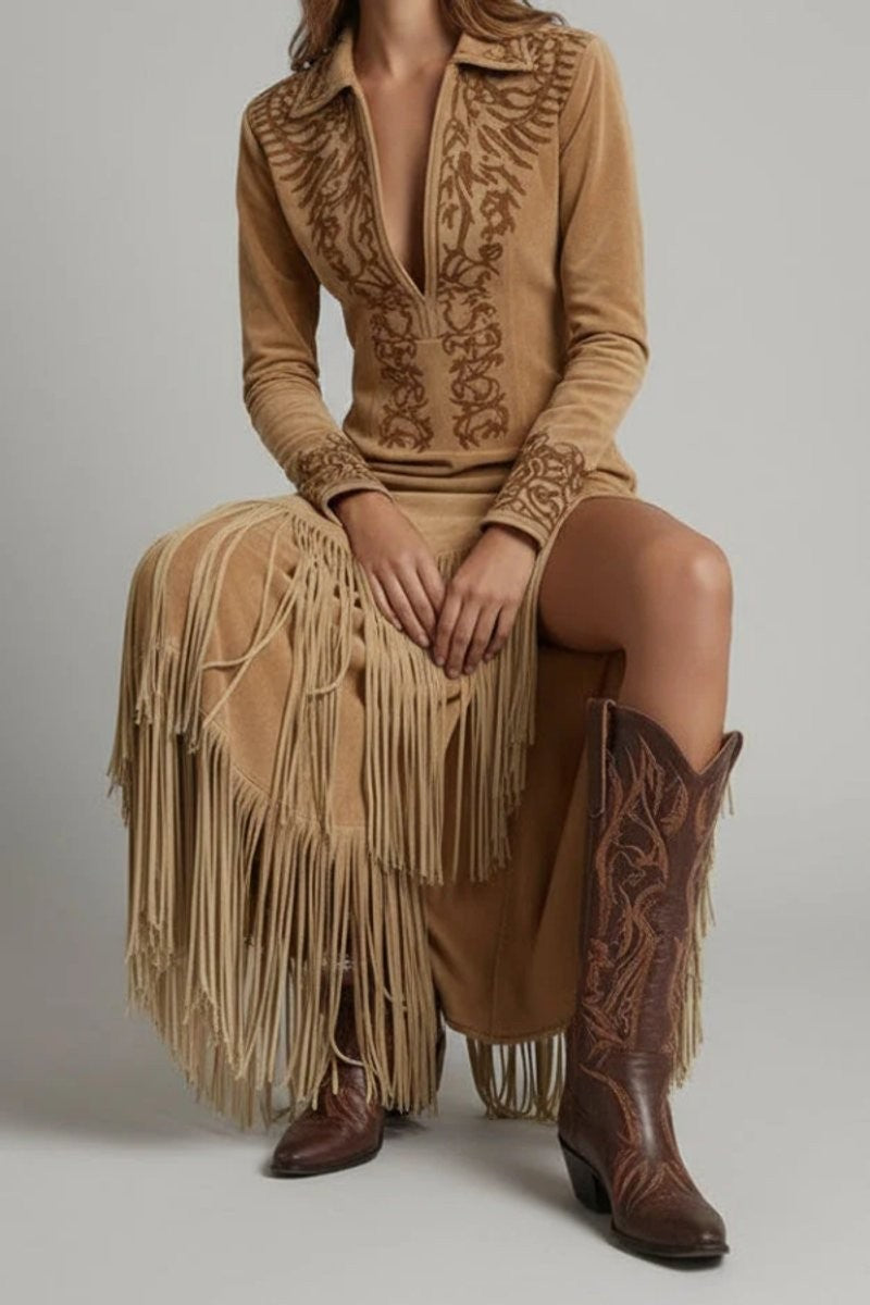 Camel-colored fringe maxi dress with embroidered bodice paired with cowboy boots