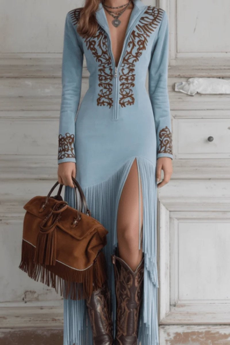 Light blue fringe maxi dress with embroidered detail and matching suede handbag