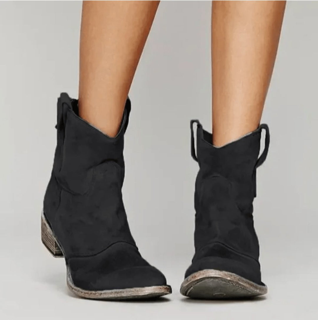 Black suede western-style ankle boots with pull tabs and low heel
