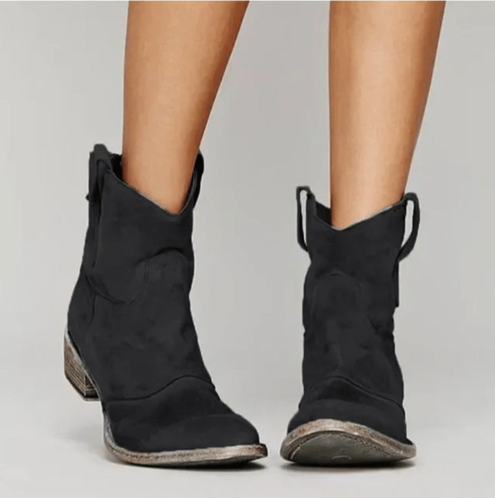 Black suede western-style ankle boots with pull tabs and low heel
