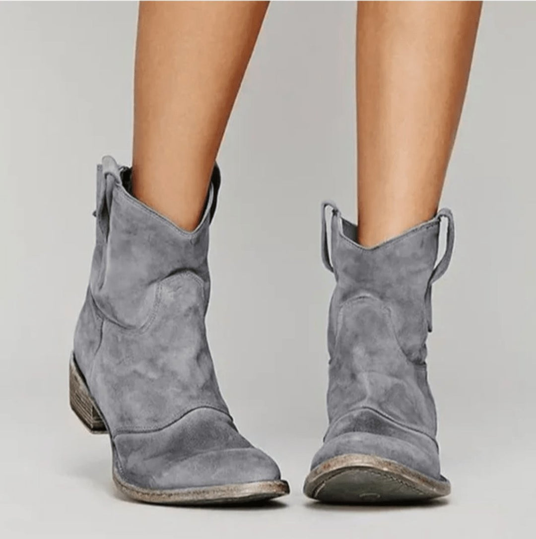Gray suede ankle boots with V-cut top and distressed sole