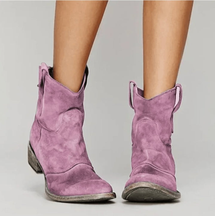 Purple suede western ankle boots with block heel and pull loops
