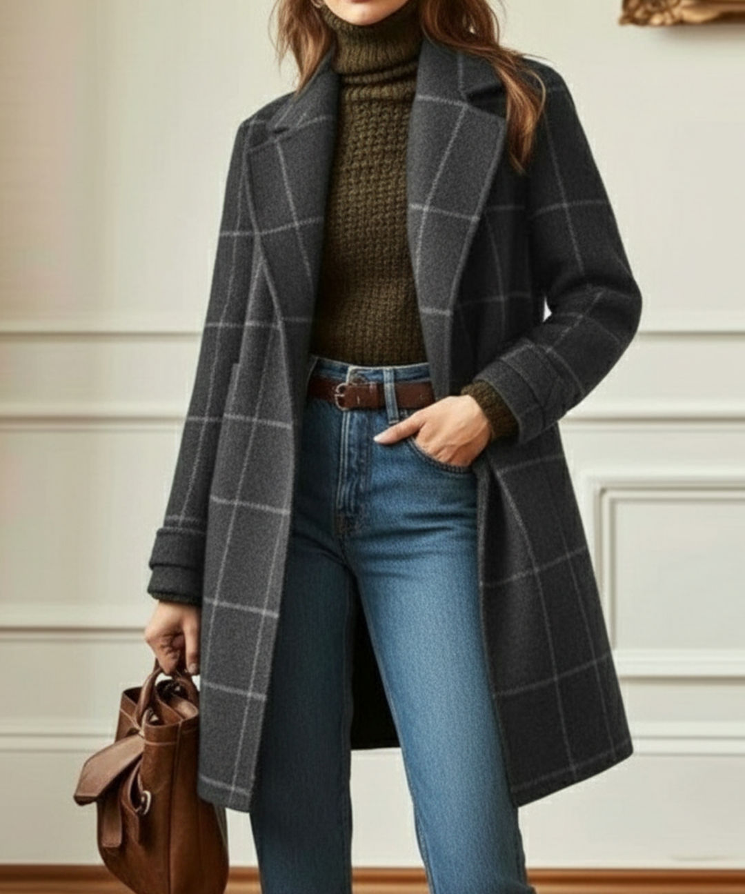 Jennifer | Women's Wool-Blend Tweed Check Coat with Lapel Collar - image 3
