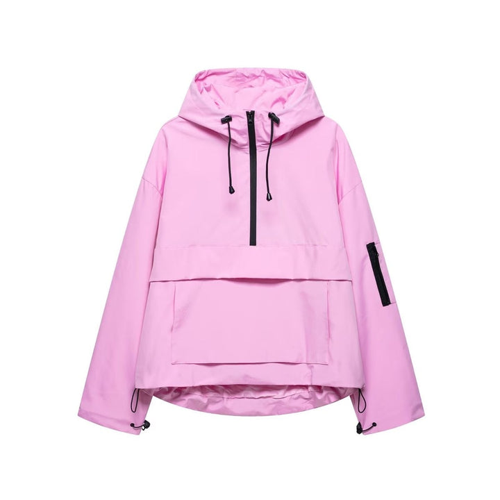 Pink hooded pullover anorak with half-zip and kangaroo pocket