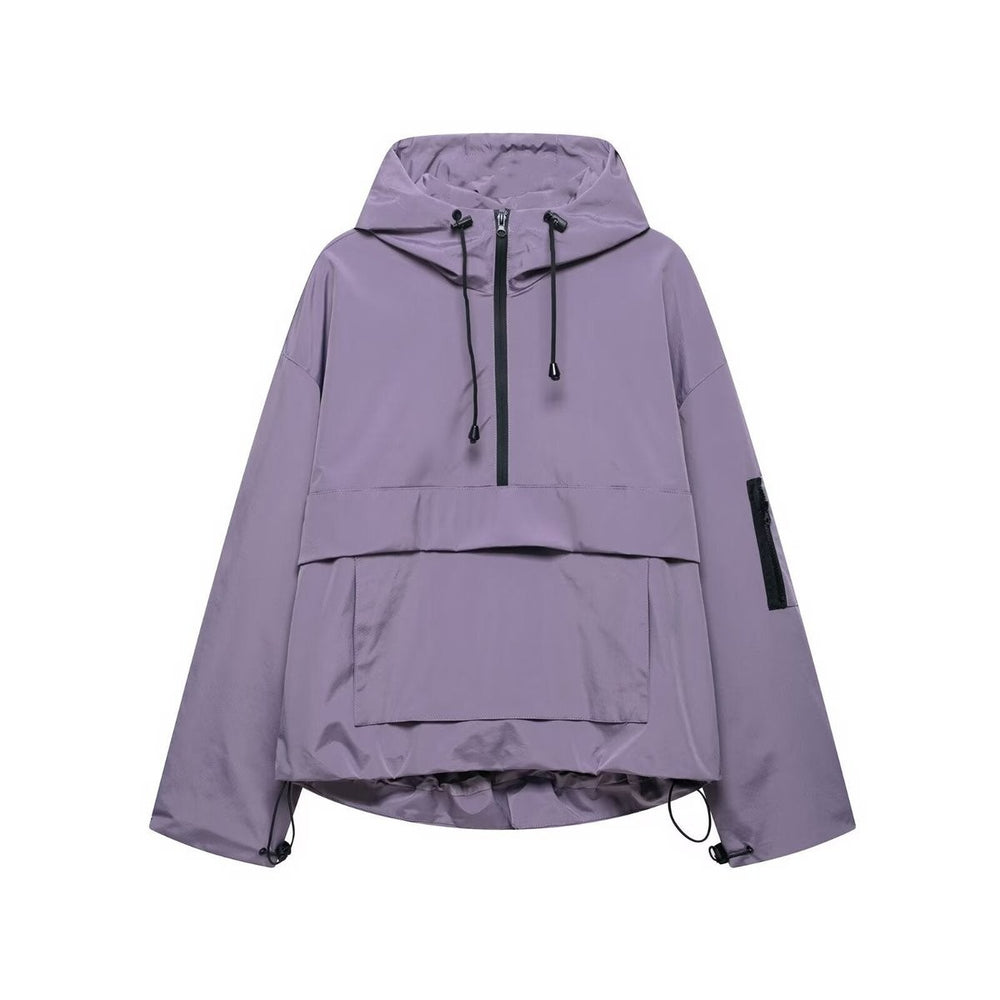 Lavender hooded anorak jacket with drawstring hood and zip pocket