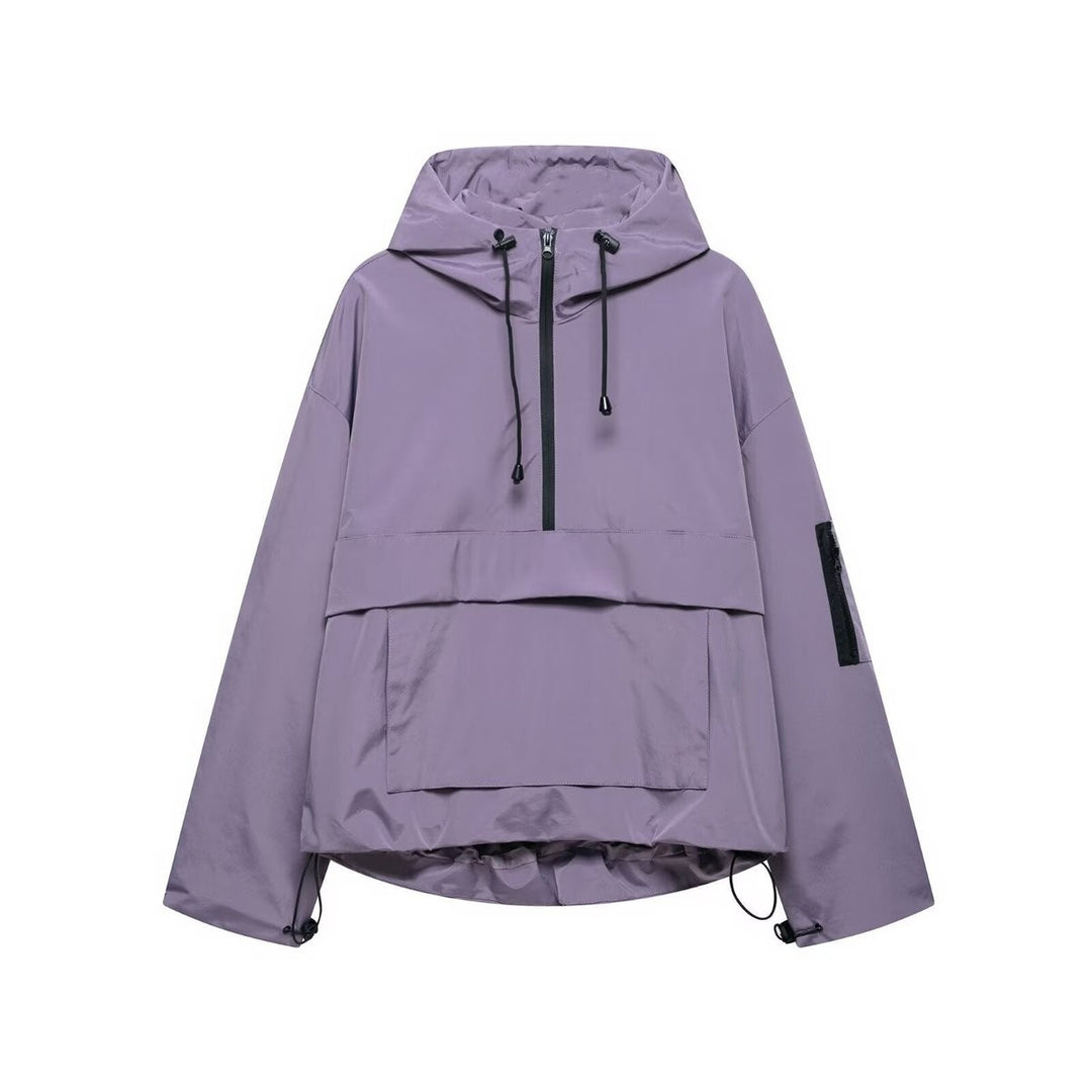 Lavender hooded anorak jacket with drawstring hood and zip pocket