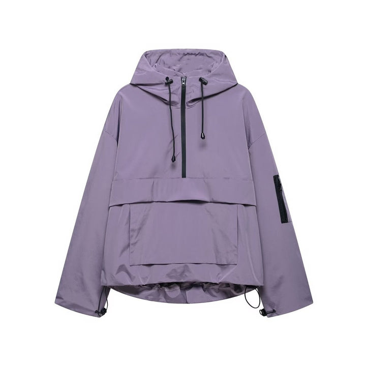 Lavender hooded anorak jacket with drawstring hood and zip pocket