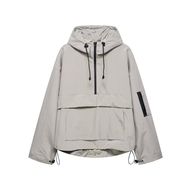 Stone gray hooded pullover windbreaker with front pouch pocket