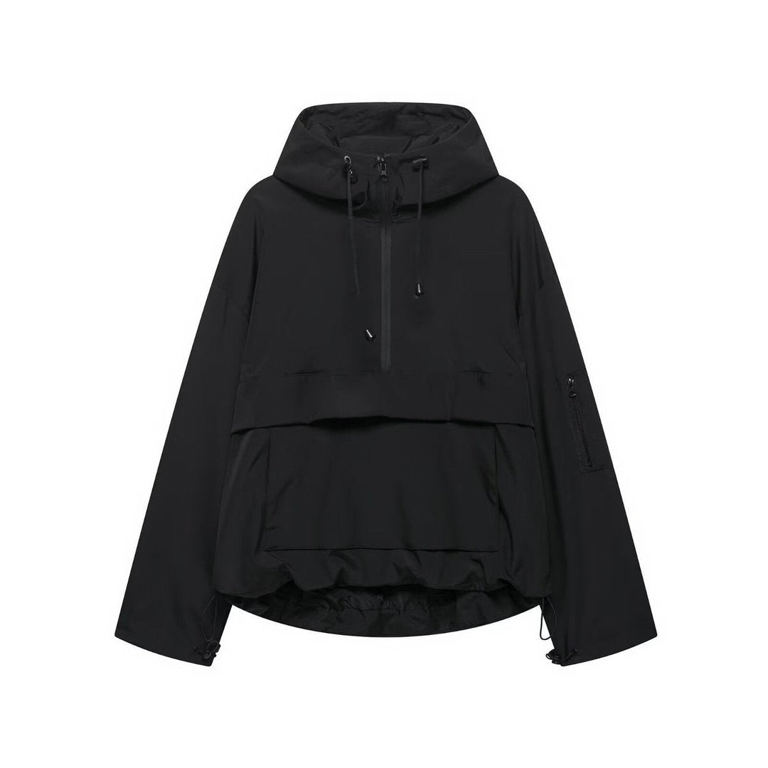 Black hooded anorak jacket with quilted lining and half-zip closure