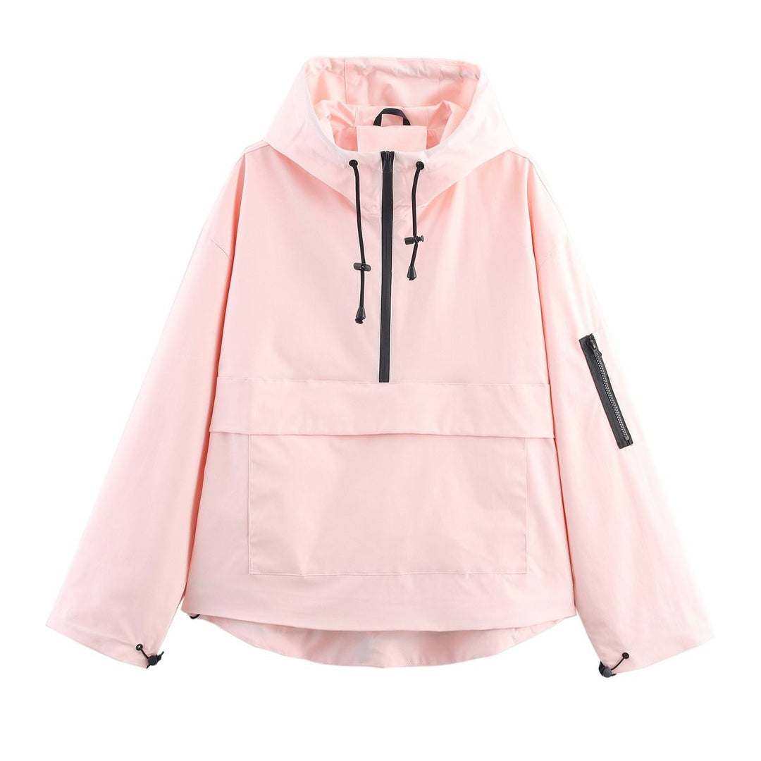 Blush pink pullover hooded jacket with sleeve zip pocket and drawstrings