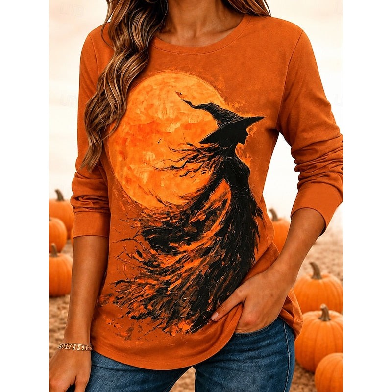 Rust orange long-sleeve tee featuring witch and full moon Halloween print
