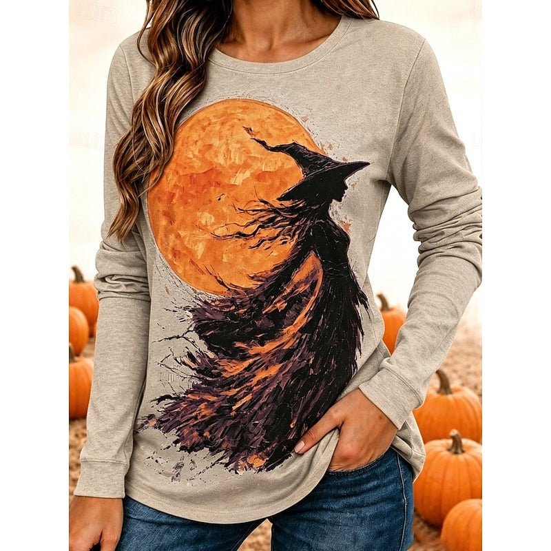 Heather gray long-sleeve shirt with witch and moon Halloween graphic print