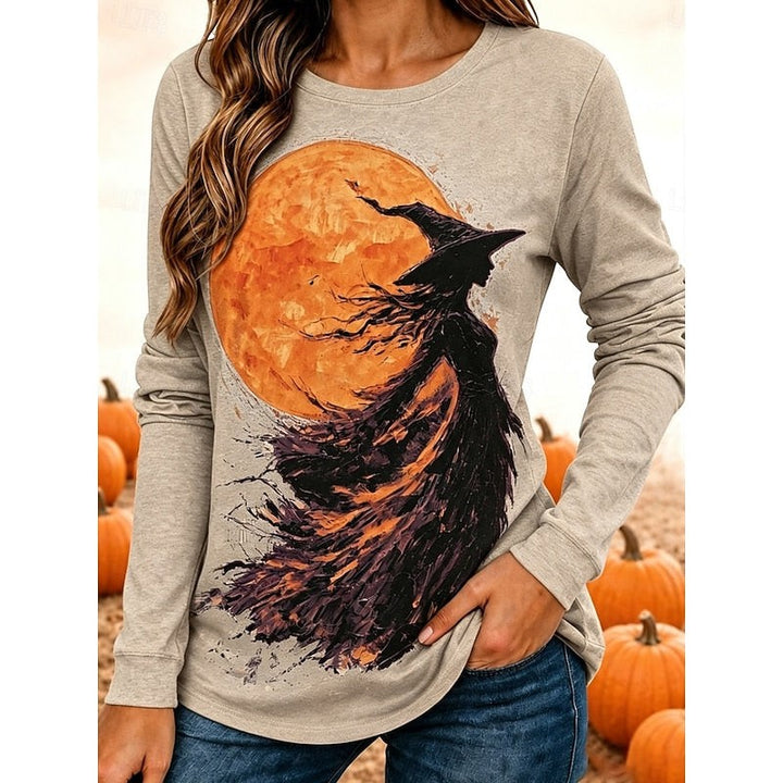 Heather gray long-sleeve shirt with witch and moon Halloween graphic print