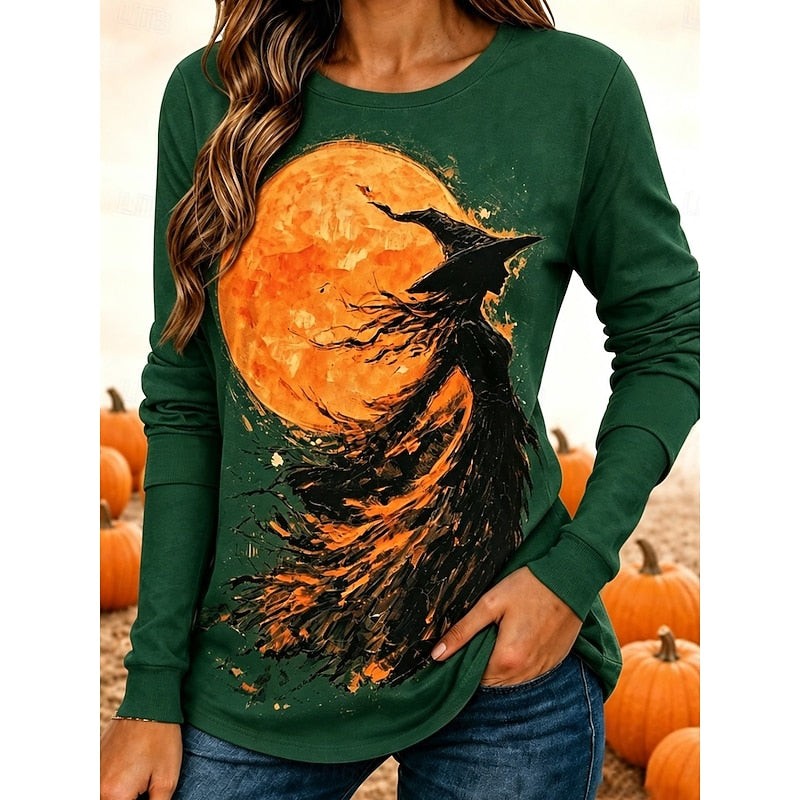 Forest green long-sleeve top with witch silhouette and orange moon design