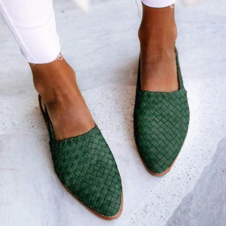 Green woven vegan leather ballerina flats with pointed toe design