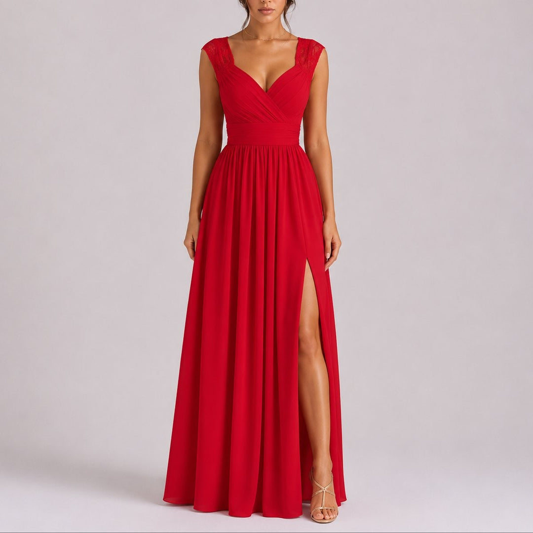 Red lace-shoulder maxi dress with V-neck bodice and thigh-high side slit