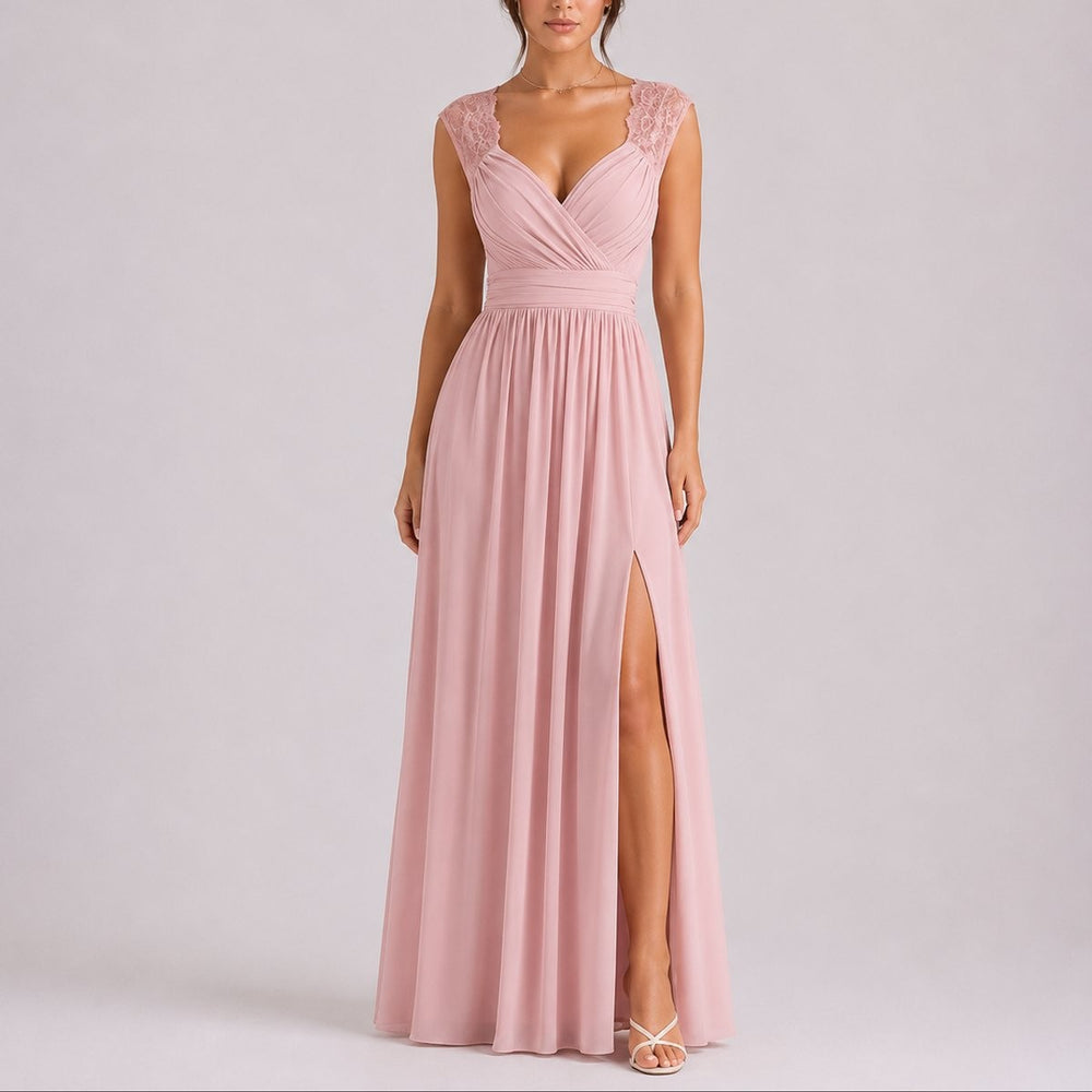 Dusty pink lace-shoulder wrap maxi dress with pleated bodice and side slit