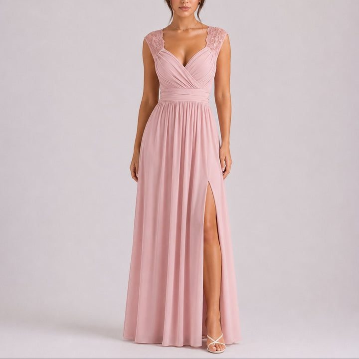 Dusty pink lace-shoulder wrap maxi dress with pleated bodice and side slit