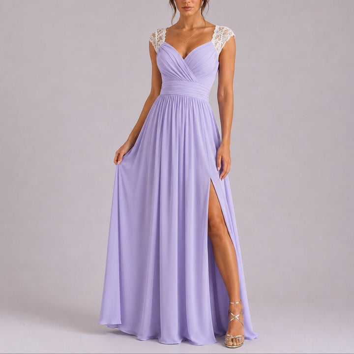 Lavender maxi dress with white lace cap sleeves and flowing side-slit skirt