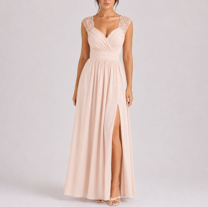Blush chiffon maxi dress with lace shoulder straps and V-neckline wrap bodice
