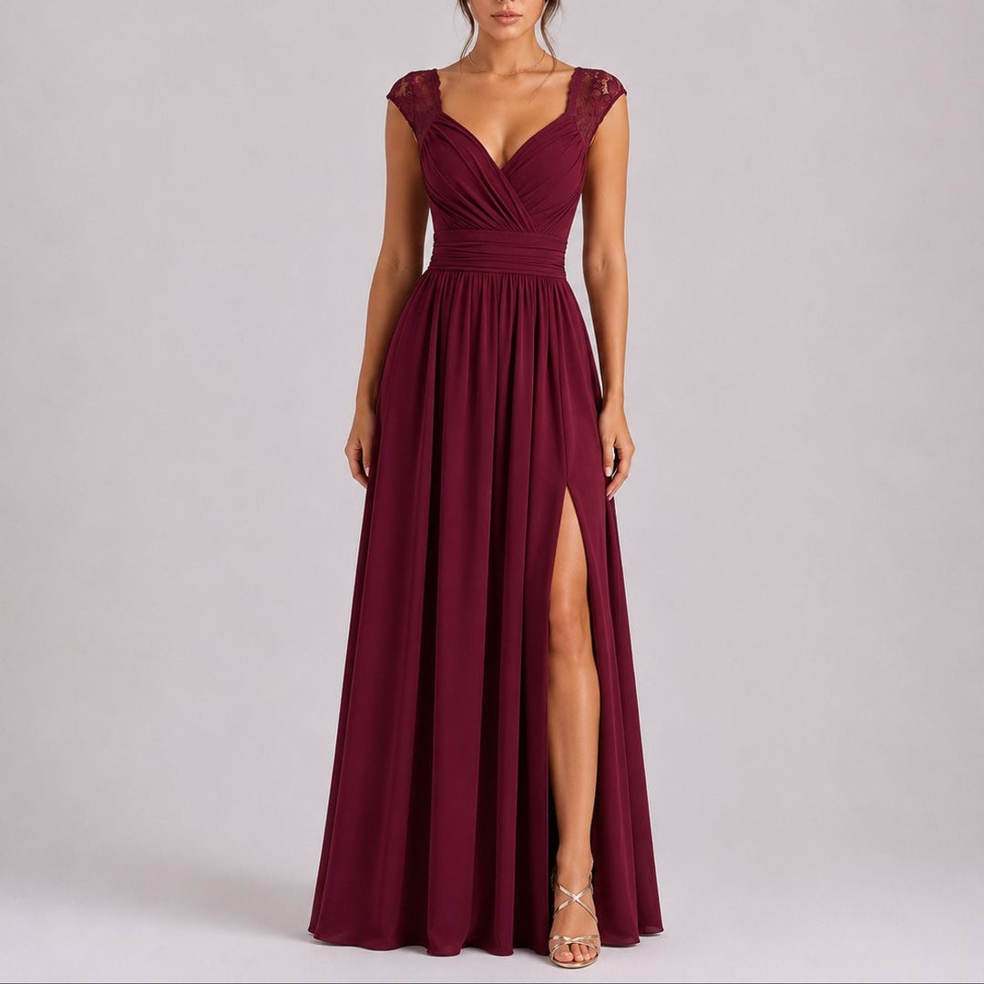 Burgundy lace-shoulder maxi dress with fitted waist and high side slit