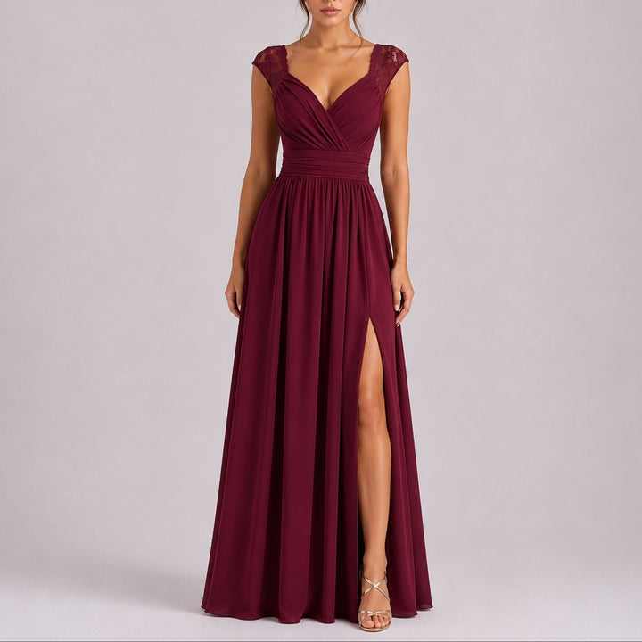 Burgundy lace-shoulder maxi dress with fitted waist and high side slit