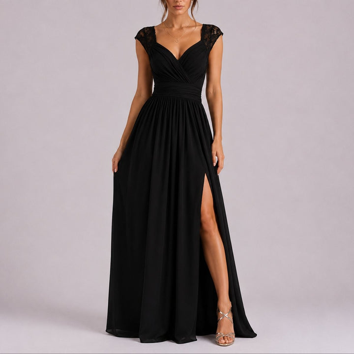 Black lace-shoulder wrap maxi dress with V-neckline and elegant side slit