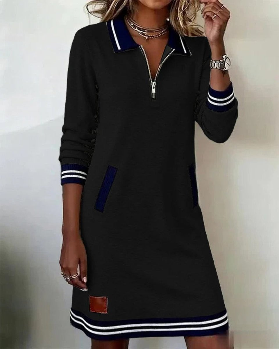 Black polo collar sweater dress with quarter-zip and striped trim