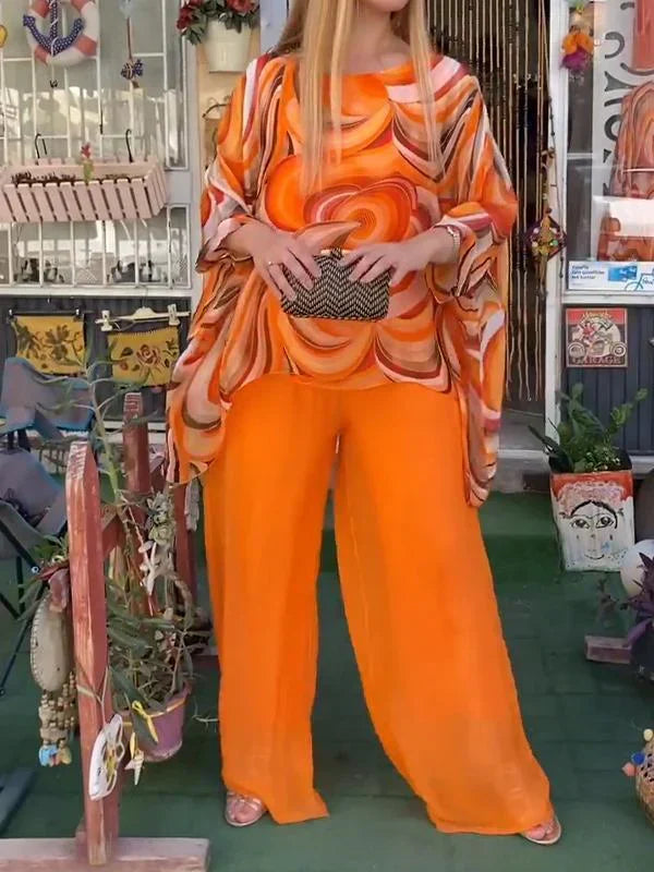 Abstract Swirl Print Batwing Wide Leg Two-Piece Set for Women